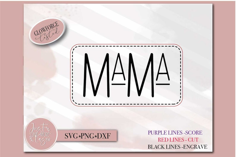 K&ouml;nnte beinhalten: Eine digitale Design-Datei in Schwarzwei&szlig; f&uuml;r ein "MAMA"-Schild. Das Design beinhaltet einen rechteckigen Rahmen mit einem gestrichelten Rand. Der Text "PURPLE LINES-SCORE, RED LINES-CUT, BLACK LINES-ENGRAVE" befindet sich unterhalb des Designs.