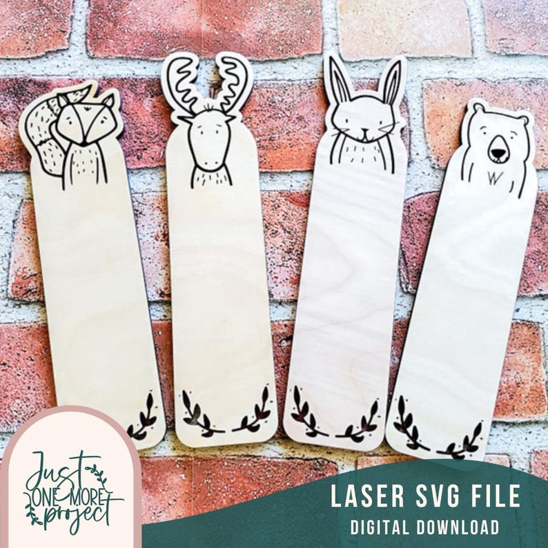 May include: Four wooden bookmarks with black and white illustrations of a fox, moose, rabbit, and bear. Each bookmark has a decorative border of leaves at the bottom. The text "LASER SVG FILE DIGITAL DOWNLOAD" is at the bottom of the image.