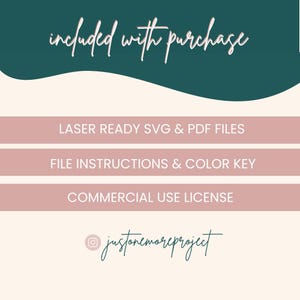 May include: A graphic showing the digital files included with a purchase: laser-ready SVG and PDF files, file instructions and a color key, and a commercial use license. The graphic is in a pink and green color scheme with the text "included with purchase" at the top.