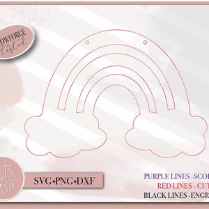 K&ouml;nnte beinhalten: Eine digitale Design-Datei f&uuml;r einen Regenbogen mit Wolken. Das Design enth&auml;lt violette, rote und schwarze Linien zum Ritzen, Schneiden und Gravieren. Die Datei ist in den Formaten SVG, PNG und DXF verf&uuml;gbar.