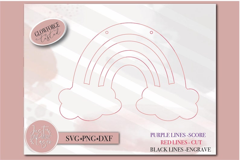 K&ouml;nnte beinhalten: Eine digitale Design-Datei f&uuml;r einen Regenbogen mit Wolken. Das Design enth&auml;lt violette, rote und schwarze Linien zum Ritzen, Schneiden und Gravieren. Die Datei ist in den Formaten SVG, PNG und DXF verf&uuml;gbar.