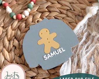 Ugly Christmas Sweater Bag Tag SVG | Gingerbread Man Laser Cut File | Christmas Backpack Tag | Personalized Holiday Bag Tag | Glowforge
