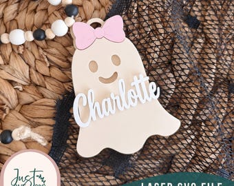 Ghost Bag Tag SVG | Halloween Ghost with Bow Laser Cut File | Personalized Backpack Tag | Cute Ghost SVG | Luggage Tag | Glowforge File