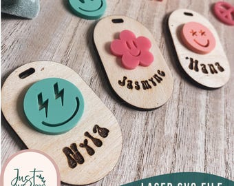Retro Smiley Schlüsselanhänger svg, Smiley Face Nametags svg, Kinder Rucksackanhänger svg, Laser Cut-Datei, Glowforge, Glowforge-Datei, Retro Smiler Laser