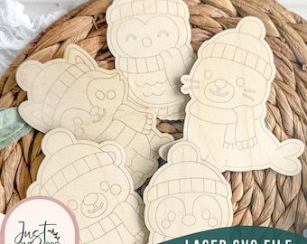 Gemütliche Winter Tier Laser Cut Dateien | Kinder DIY Paint Kit SVG Bundle | Niedlicher Bär Fuchs Hase Reh Pinguin | Glowforge Bereit | Sofort Download