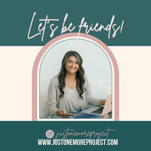 May include: A woman smiles at the camera while sitting on a white couch. She is wearing a light gray long-sleeved shirt and blue jeans. She is holding a makeup palette in her left hand and a laptop computer in her right hand. The background is a light blue wall. The text "Let's be friends!" is written in white cursive on a teal background. The text "justonemoreproject" is written in white cursive on a teal background. The text "WWW.JUSTONEMOREPROJECT.COM" is written in white on a teal background.