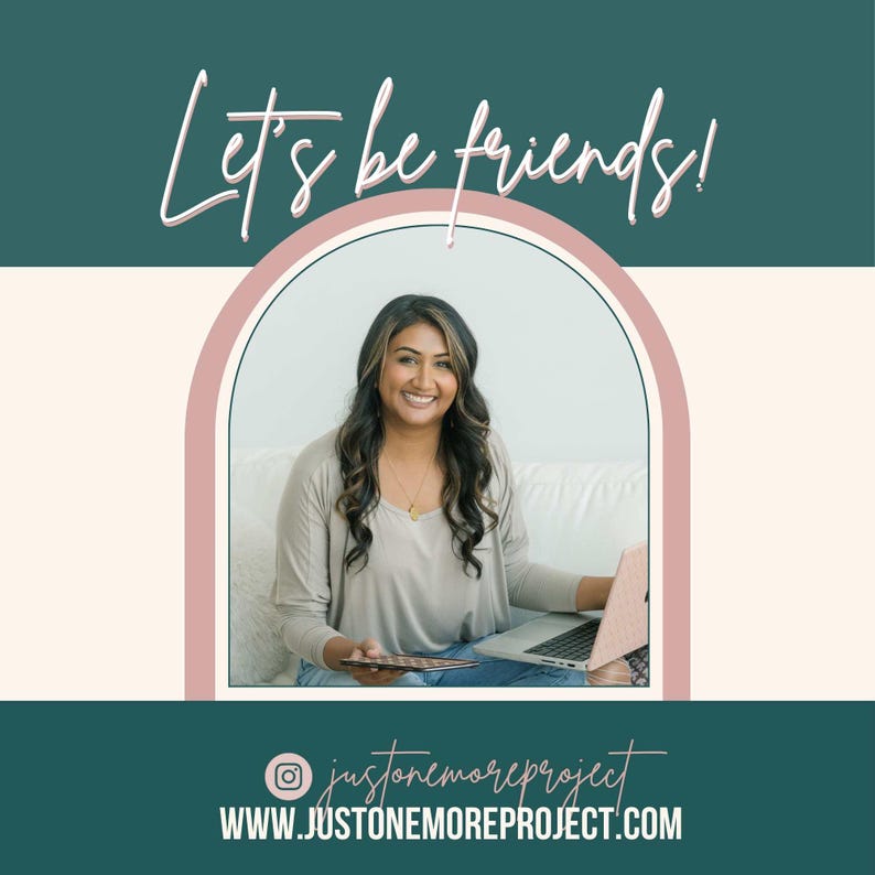 May include: A woman smiles at the camera while sitting on a white couch. She is wearing a light gray long-sleeved shirt and blue jeans. She is holding a makeup palette in her left hand and a laptop computer in her right hand. The background is a light blue wall. The text "Let's be friends!" is written in white cursive on a teal background. The text "justonemoreproject" is written in white cursive on a teal background. The text "WWW.JUSTONEMOREPROJECT.COM" is written in white on a teal background.