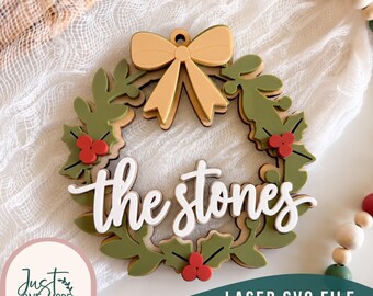 Personalized Holiday Wreath Laser Cut File | Christmas Wreath SVG | Last Name Christmas Sign | Monogram Wreath | Laser Engraving File