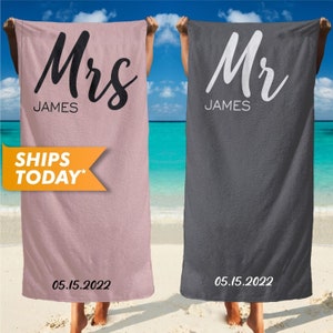 Custom Beach Towel, Mr and Mrs Personalized Beach Towel - His and Hers Monogrammed Towels, Newlywed Wedding Honeymoon Engagement Gift - T5