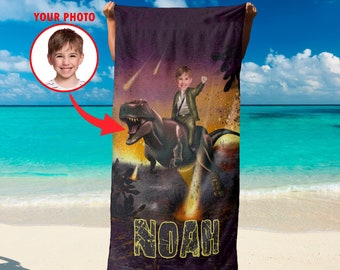 Dino Personalized Beach Photo Towel Kids, Custom Beach Towels - Dinosaur Gifts, Custom Face Towel - T Rex Custom Towel Boys Girls T78