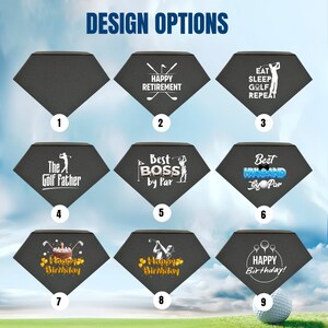 May include: Nine different designs for a golf-themed bandana. The designs include text such as "Happy Retirement", "Eat Sleep Golf Repeat", "The Golf Father", "Best Boss by Par", "Best Husband by Par", "Happy Birthday", and "Happy Birthday!"