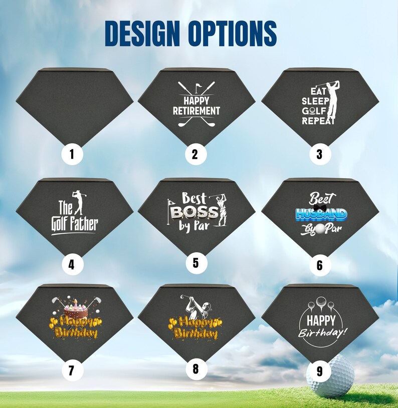 May include: Nine different designs for a golf-themed bandana. The designs include text such as "Happy Retirement", "Eat Sleep Golf Repeat", "The Golf Father", "Best Boss by Par", "Best Husband by Par", "Happy Birthday", and "Happy Birthday!"