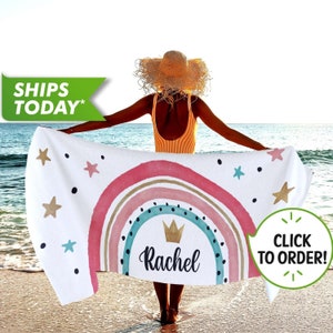 Custom Beach Towel, Personalized Beach Towel with Your Name, Bride Beach Towel, Kids Beach Towel for Girls, Cute Baby Towel Rainbow Print T9