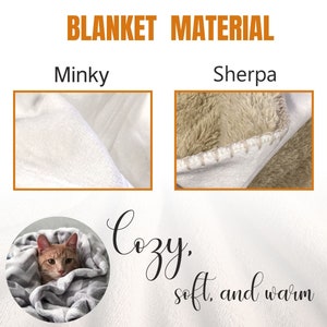 May include: Close-up of two different blanket materials: Minky and Sherpa. The Minky fabric is soft and smooth, while the Sherpa fabric is fluffy and textured. The text "Cozy, soft, and warm" is written below the images. A cat is curled up in a blanket in the lower left corner of the image.