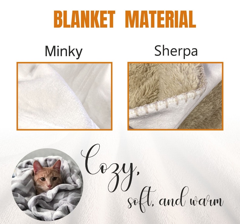 May include: Close-up of two different blanket materials: Minky and Sherpa. The Minky fabric is soft and smooth, while the Sherpa fabric is fluffy and textured. The text "Cozy, soft, and warm" is written below the images. A cat is curled up in a blanket in the lower left corner of the image.