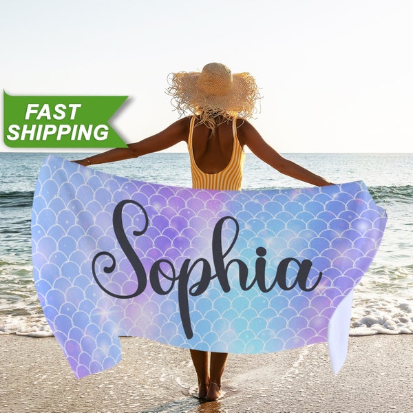 Custom Beach Towel, Monogrammed Towels Mermaid Print, Personalized Beach Towel, Bride Beach Towel with Your Name, Mermaid Scale Towel T10