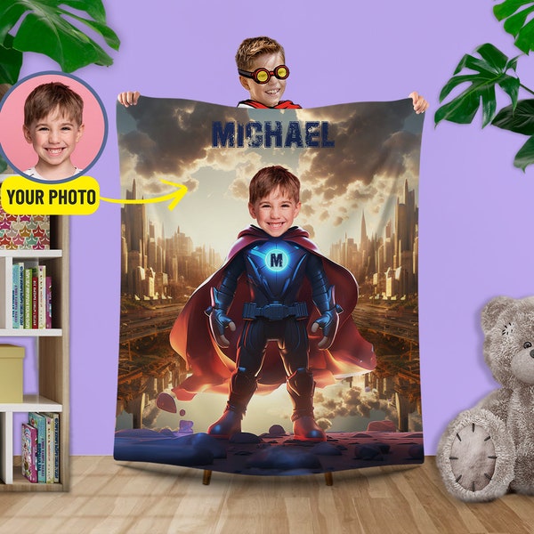 Boy Photo Name Blanket, Hero Child Custom Blanket, Boys Room Blanket, Kid's Photo Blanket with Face, Unique Gifts for Kids and Adults L146