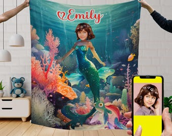 Personalized Mermaid Blanket: Custom Photo Sherpa Minky Blanket