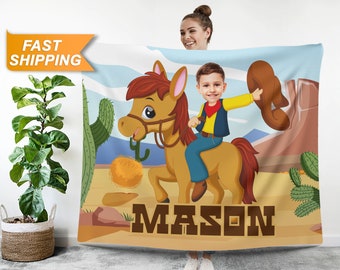 Cowboy Blanket, Kids Custom Photo Blanket - Personalized Face Blanket, Cowboy Gifts for Boys - Cowboy Customized Photo Gift for Kids L109