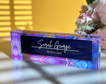 Personalized Acrylic Desk Name Plate: Marble Print Office Decor