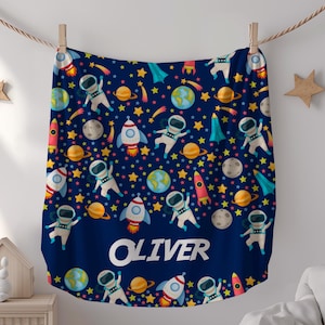 Space Baby Blanket Name Gift for Boy Girl, Astronaut Custom Blanket Nursery Gift, Outer Space Planet and Star Baby Personalized Blanket L231
