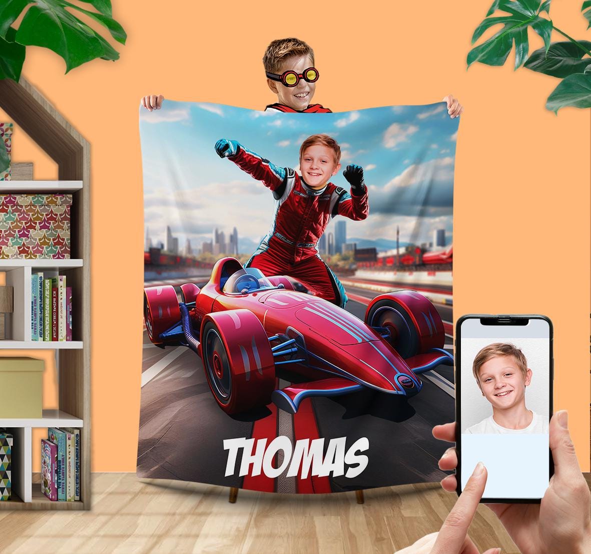 Personalized Blanket, Racing Boys Photo Blanket, Child Room Decor, Kid's Photo Blanket, Gift for Sports Fan Son Brother Boyfriend L188 KC64