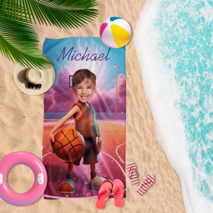 Basketball Personalized Photo Pool Towel, Custom Face Beach Towels for Him, Basketball Lover Bathroom Birthday Gifts, Graduation Gift T180