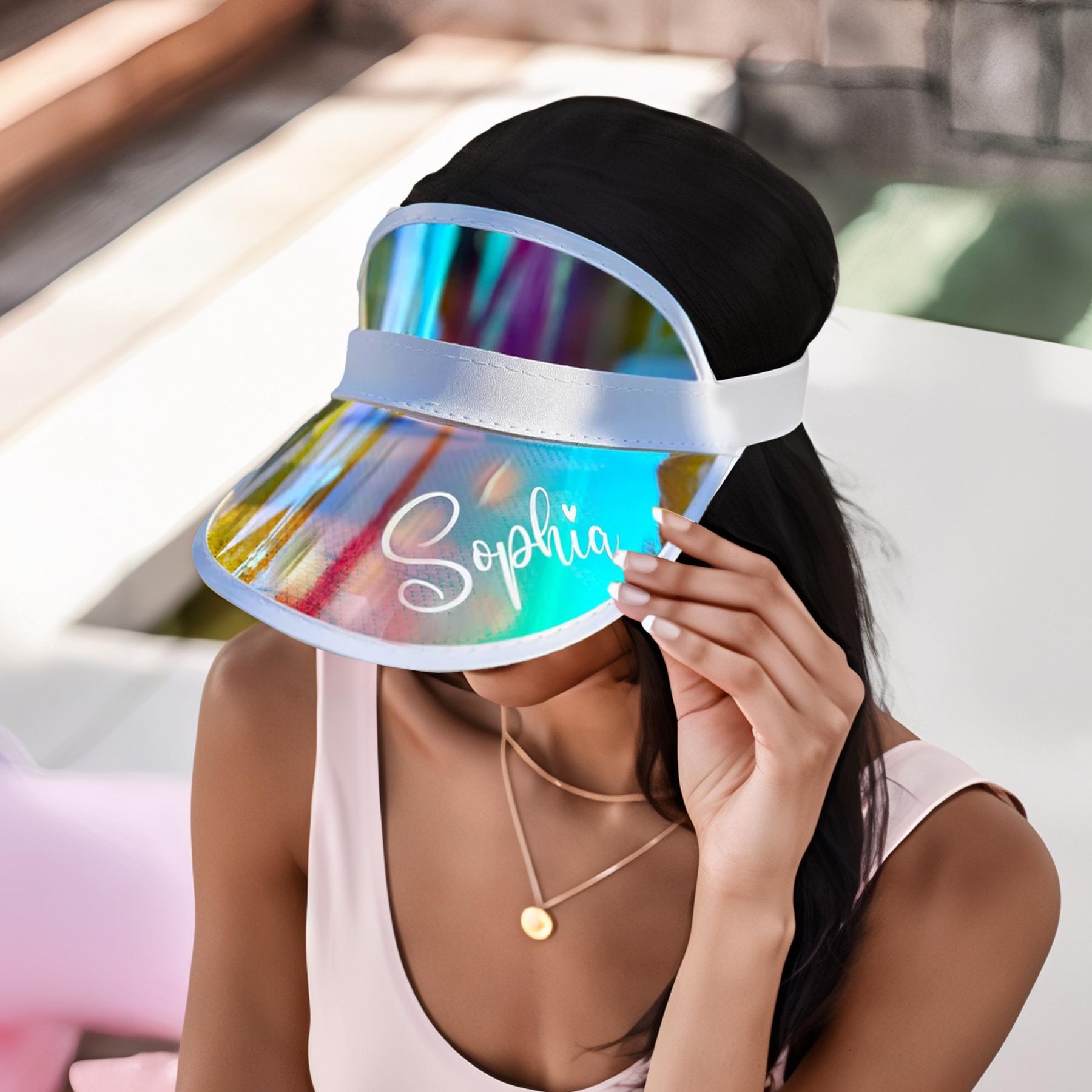Iridescent hologram sun visor hat festival beach Clear Iridescent Colored Plastic Sun Visor Tennis Beach  main image 2
