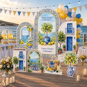 May include: A set of decorative party backdrops and standees featuring Mediterranean-inspired lemon tree illustrations, blue and white tile patterns, and coastal scenery. The central arch displays the text Mediterranean Celebration and Lemon Garden Celebration.