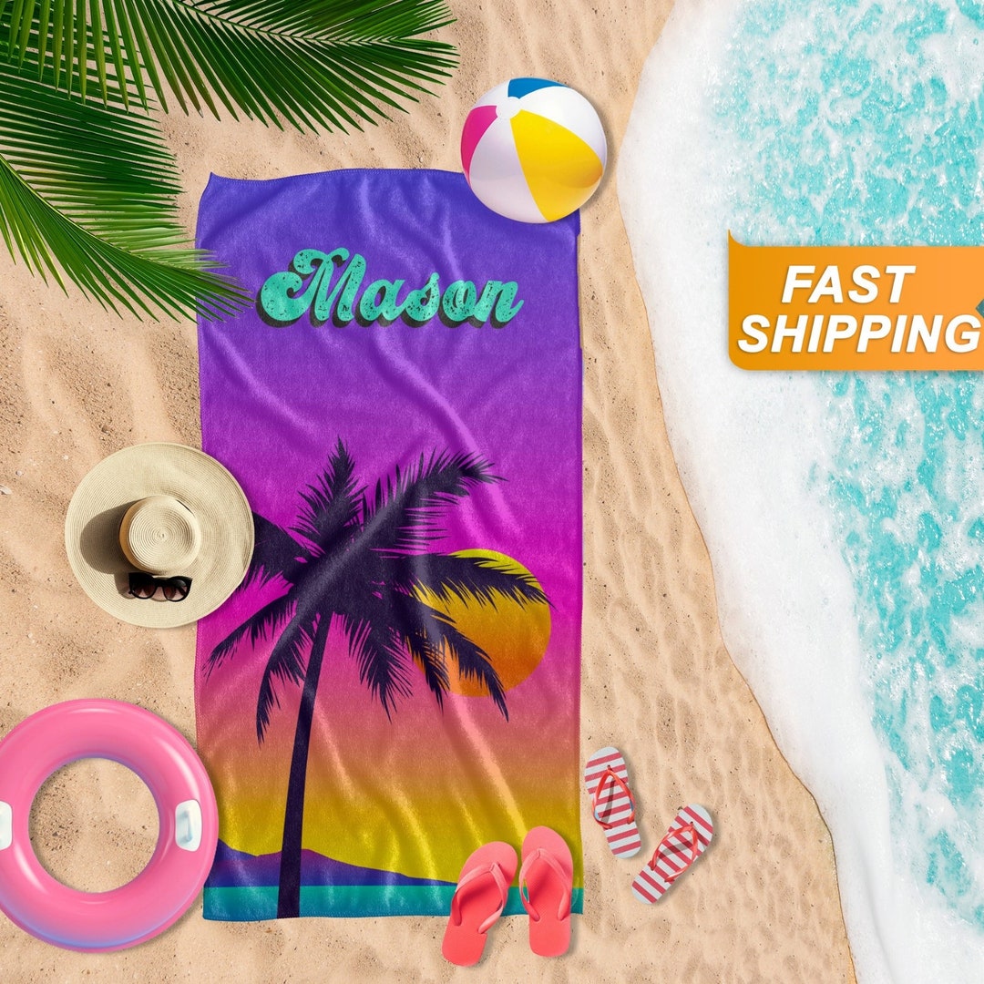 Tropical Print Custom Beach Towel, Personalized Beach Towels With Palm