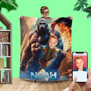 Custom Kid Face Boy Blanket, Gifts for Kids and Adults, Giant Monster Photo Gag Gift for Boyfriend Him, Monster Boys Name Blanket L182 KC58