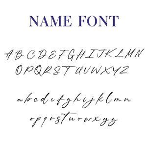 May include: A font alphabet in black ink on a white background. The font is a cursive script style. The letters are uppercase and lowercase. The word "NAME FONT" is written in blue at the top of the image.