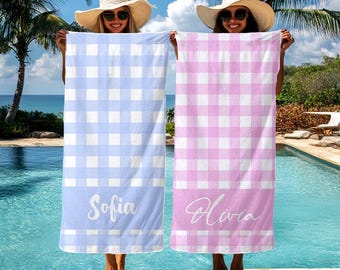Personalized Gingham Beach Towel: Custom Name, Kids Pool Towel