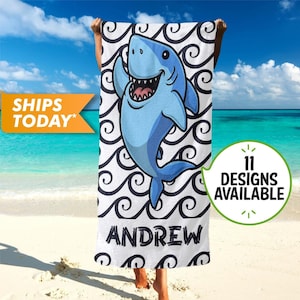 Custom Beach Towels, Personalized Beach Towel with Your Name, Kids Beach Towel for Boys, Monogrammed Towels Shark Print Custom Gift T13