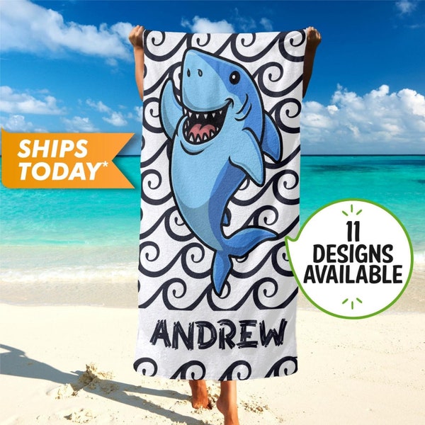 Custom Beach Towels, Personalized Beach Towel with Your Name, Kids Beach Towel for Boys, Monogrammed Towels Shark Print Custom Gift T13