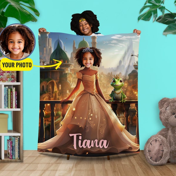 Princess Photo Blanket, Custom Girls Princess and Frog Blanket with Name, Magic Kingdom Gifts for Kids Sister, Bed Blanket With Face L179