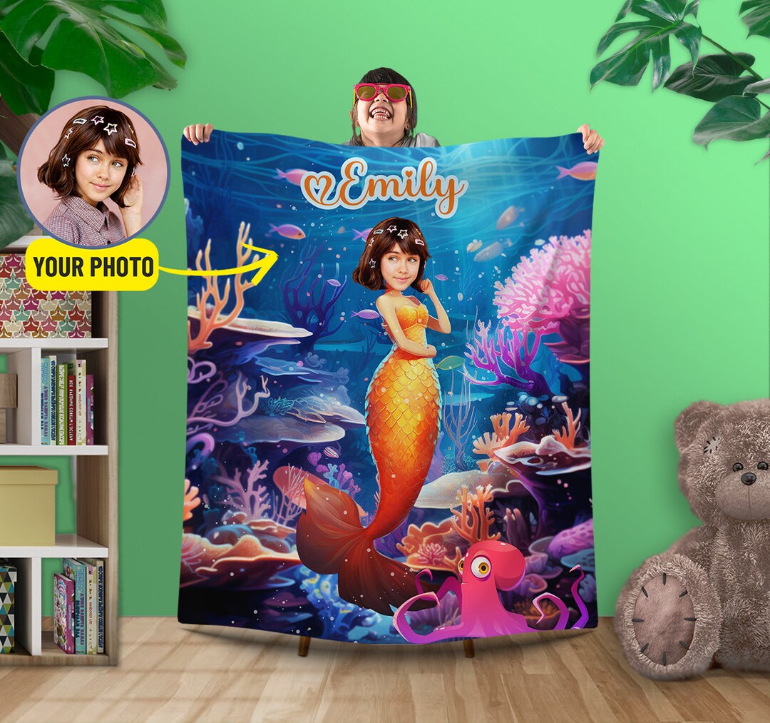 Little Mermaid Princess Custom Girls Blanket, Personalized Mermaid Gift for Girl Her, Mermaid