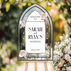 Custom Welcome Stained Wedding Sign, Stain Glass Flower Sign, Frosted Clear White Black Acrylic Wedding Sign, Wedding Date Entrance Sign S22