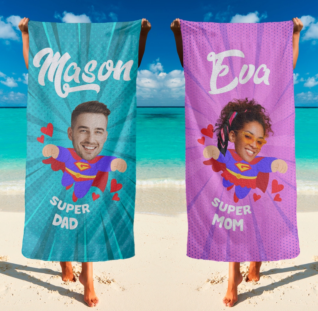 Custom Superhero Beach Towel With Your Face, Personalized Photo Towel