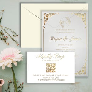 May include: A white wedding invitation with gold accents and a floral design. The invitation reads "You are cordially invited to celebrate the marriage of Reyna & James" and includes the date, time, and location of the ceremony. A separate white card with a gold QR code and the text "Kindly RSVP Scan here to RSVP" is included. The text "Please kindly respond by June 1st 2025 or visit this link theknot.com/jimmygrace2025" is also included on the card.