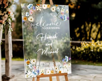Floral Wedding Welcome Sign: Frosted Acrylic Wildflower Design