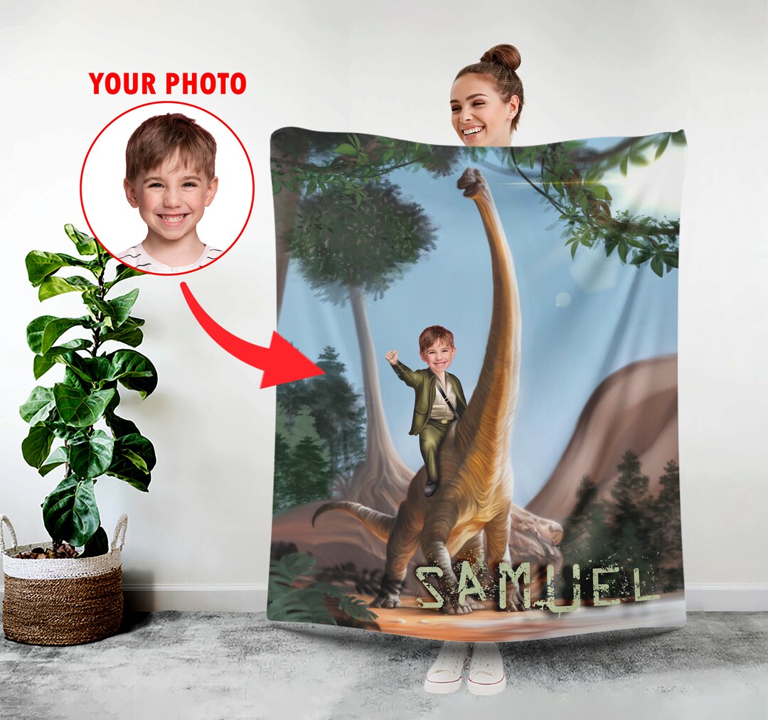 Custom Dino Photo Blanket, Personalized Dinosaur Blankets Face Kids ...