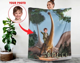 Custom Dino Photo Blanket, Personalized Dinosaur Blankets - Face Kids Blanket, Customize Dino Gifts for Boys Girls - Custom Photo Gift L95