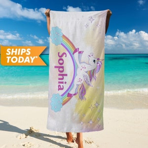 Custom Beach Towel, Personalized Beach Towel with Your Name, Unicorn Beach Towels, Kids Beach Towel for Girls Boys, Custom Birthday Gift T42