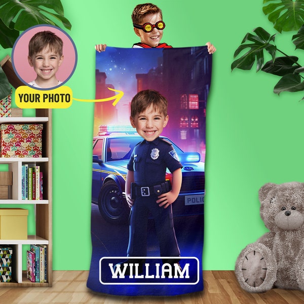 Policeman Boy Custom Towel Personalized Photo Face Gifts, Birthday Gift for Sun,Boys Beach Towel, Children Bath Towel for Pool Party T186