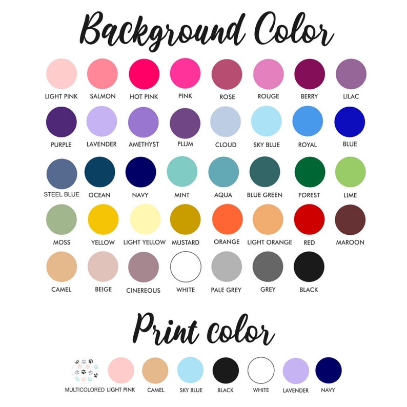 May include: A color chart with 36 different color swatches, labeled with their names. The colors are arranged in rows and columns, and the chart is titled "Background Color". Below the chart is a smaller color chart with 8 different color swatches, labeled with their names. The chart is titled "Print color".