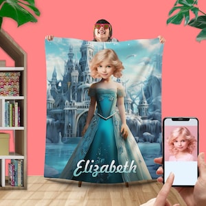 Personalized Princesses Photo Blanket, Custom Frosen Cartoon Blanket with Name, Fairy Tale Gifts for Girls Kids, Blanket With Face L170 KC46