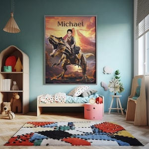Póster impreso de arte mural, retrato personalizado de dinosaurio a partir de una foto, póster fotográfico, póster digital, regalo jurásico para niño montando un T-Rex, talla 45