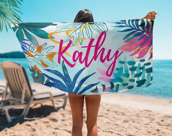 Personalized Beach Towel: Floral Ocean Print, Custom Name