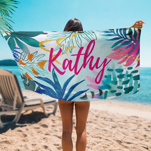 Personalized Beach Towel: Floral Ocean Print, Custom Name - Etsy